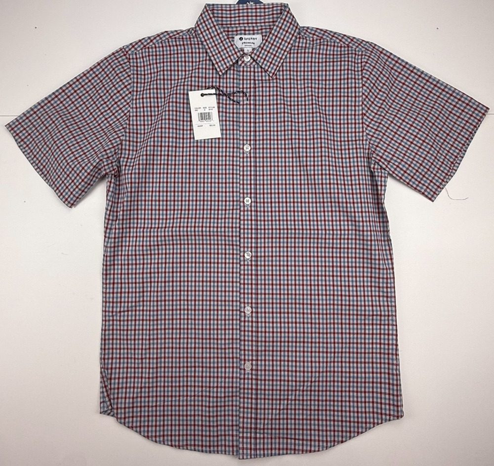 Sperry Collection Men’s SMALL RED/BL Plaid Stretch SHORT SLV Button Shirt NWT